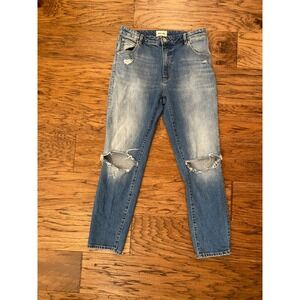 Rolla's Womens Distressed High Rise Straight Leg Jeans Light Blue Denim